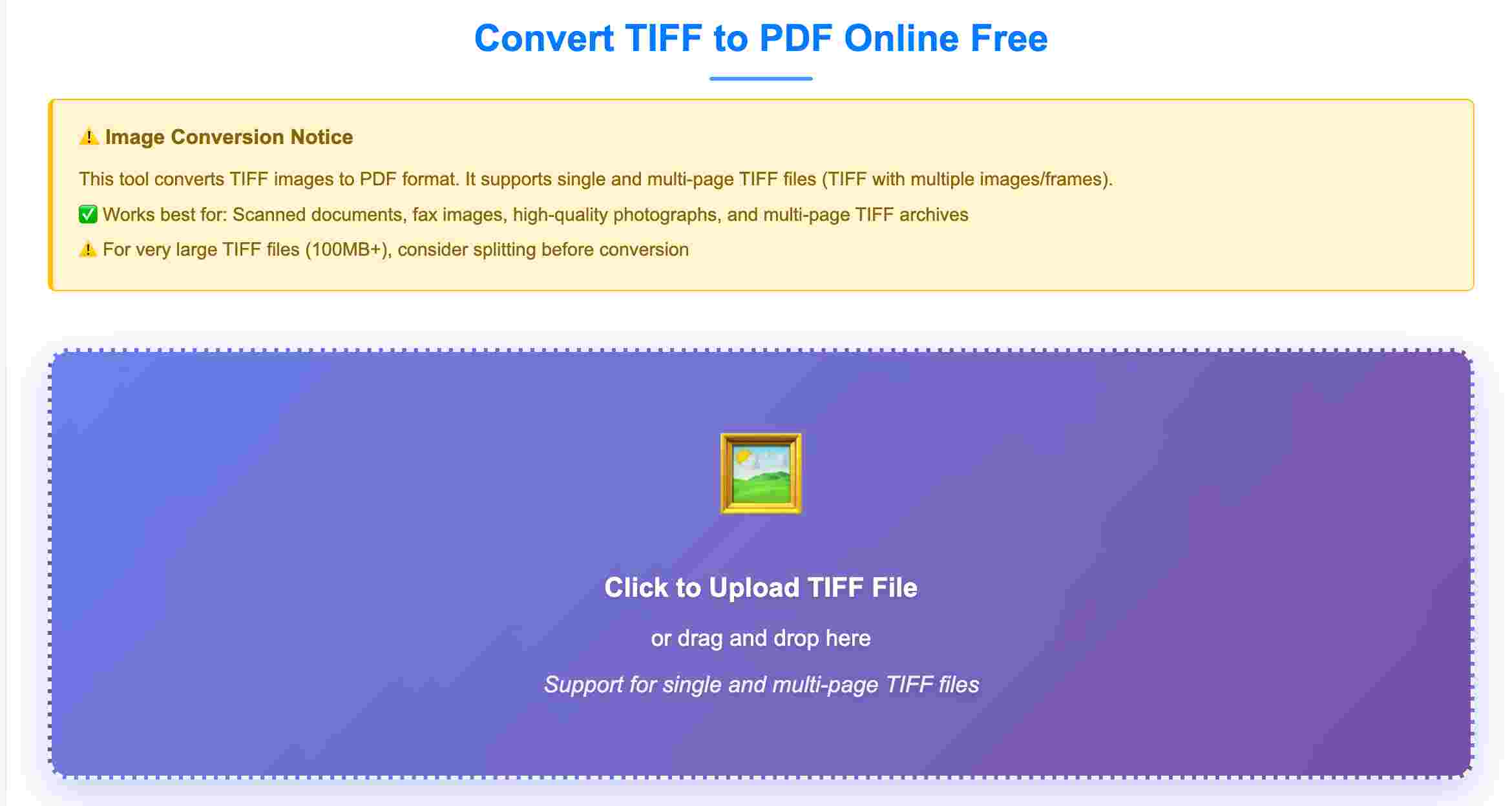 TIFF to PDF Upload Interface showing drag and drop area for TIFF files