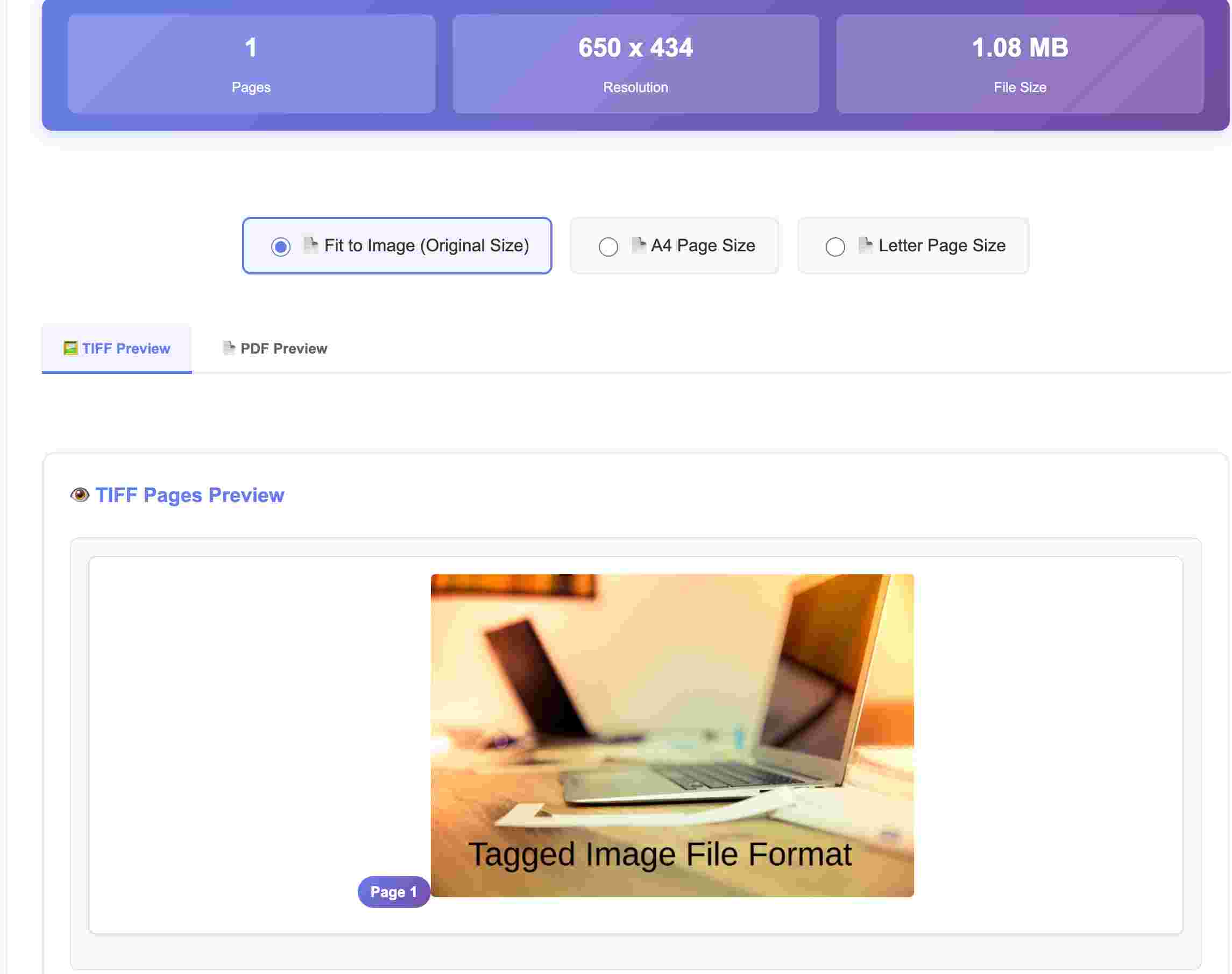 TIFF pages preview showing multiple pages from multi-page TIFF file